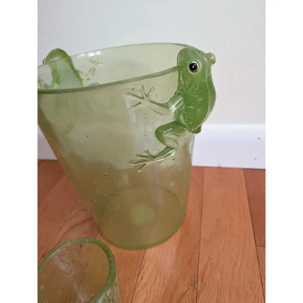 Vintage Y2K Poly-Resin Bubble Acrylic Green Frog Wastebasket Trash Bin 10” & Cup